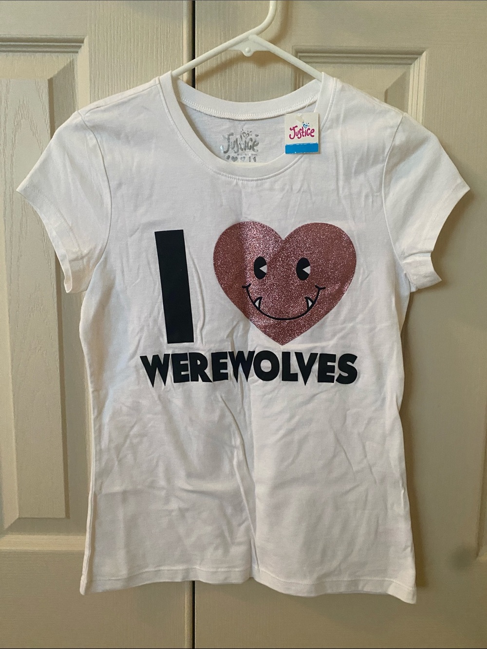 Justice White Tee with Glittery Pink Heart Werewolf Graphic